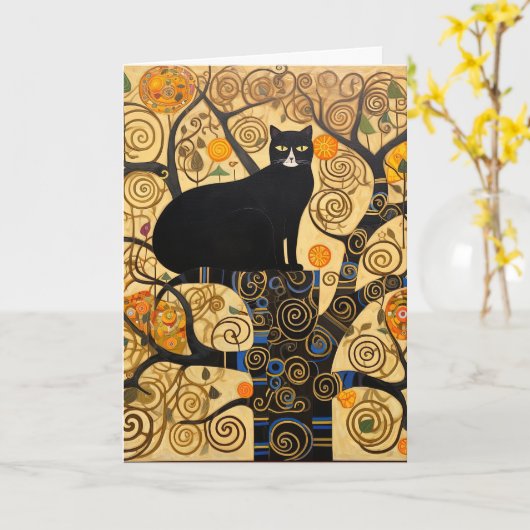 Black Cat in Tree of Golden Swirls Kaart (Gele Bloem)