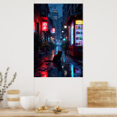 Black cat in urban alleyway at night with vibrant poster (Keuken)