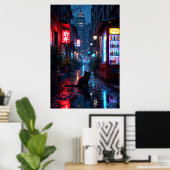 Black cat in urban alleyway at night with vibrant poster (Thuiskantoor)
