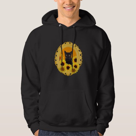 Black Cat in yellow Sunflower Frame Hoodie (Voorkant)