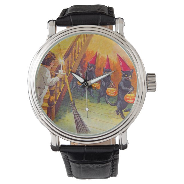 Black Cat Jack O Lanter pompoenbezem Horloge (Voorkant)