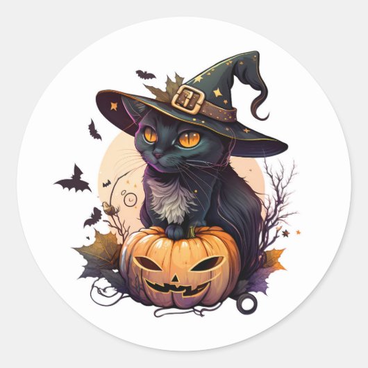 Black Cat Jack-O-Lantern en vleermuizen Ronde Sticker (Voorkant)