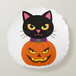 Black Cat & Jack-O'-Lantern Halloween Spooky Rond Kussen