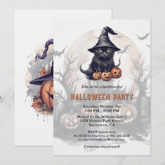 Black Cat Jack-O-Lanterns Halloween Party Kaart (Voorkant / Achterkant)