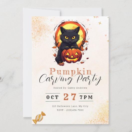 Black Cat Jack'o - Lantaarn Pompoen Carving Party Kaart (Voorkant)