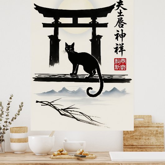 Black Cat Japanese Torii Gate Minimalist Ink easy Poster (Keuken)