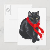Black Cat Keeping Warm met Kerstmis Feestdagenkaart (Voorkant / Achterkant)