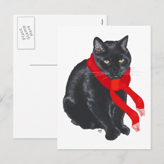 Black Cat Keeping Warm met Kerstmis Feestdagenkaart (Voorkant / Achterkant)