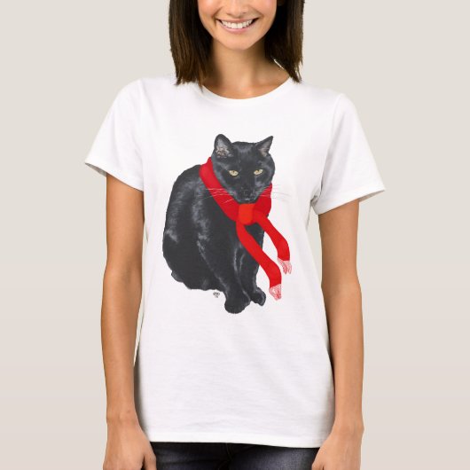 Black Cat Keeping Warm met Kerstmis T-shirt (Voorkant)