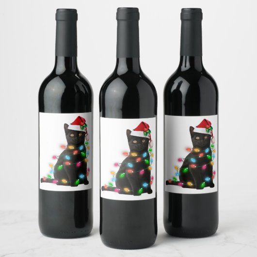 Black Cat kerst lichthemd grappig kattenliefhebber Wijn Etiket (Flessen)