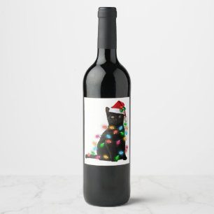 Black Cat kerst lichthemd grappig kattenliefhebber Wijn Etiket