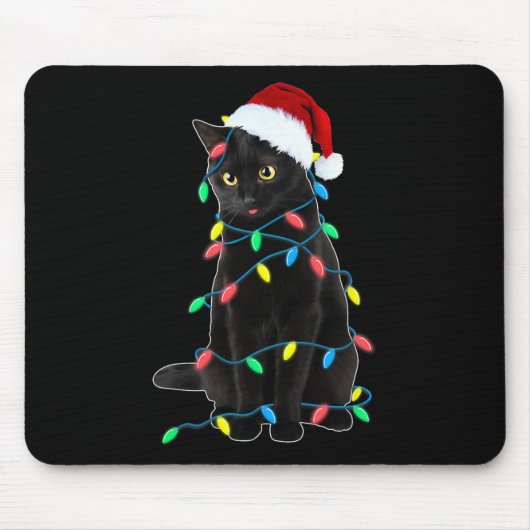 Black Cat Kerstboom Lights Fun Santa Kitten L Muismat (Voorkant)