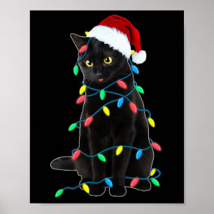 Black Cat Kerstboom Lights Fun Santa Kitten L Poster