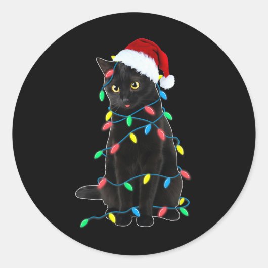 Black Cat Kerstboom Lights Fun Santa Kitten L Ronde Sticker (Voorkant)