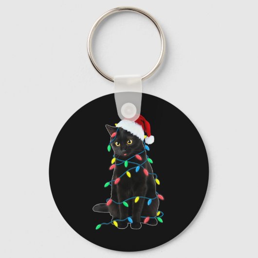 Black Cat Kerstboom Lights Fun Santa Kitten L Sleutelhanger (Voorkant)