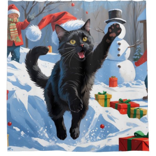 Black Cat Kerstfeest Sneeuwscène Douchegordijn (Voorkant)