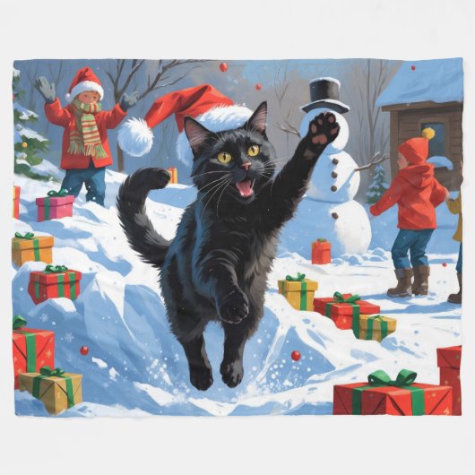 Black Cat Kerstfeest Sneeuwscène Fleece Deken (Voorkant (Horizontaal))