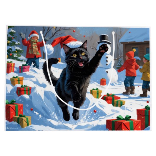 Black Cat Kerstfeest Sneeuwscène Groot Cadeauzakje (Achterkant)