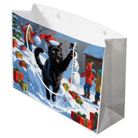 Black Cat Kerstfeest Sneeuwscène Groot Cadeauzakje (Achterkant Gekanteld)