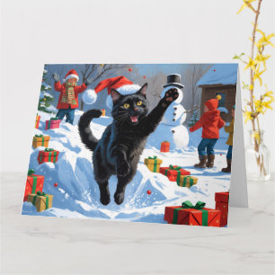 Black Cat Kerstfeest Sneeuwscène Kaart