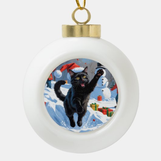 Black Cat Kerstfeest Sneeuwscène Keramische Bal Ornament (Voorkant)