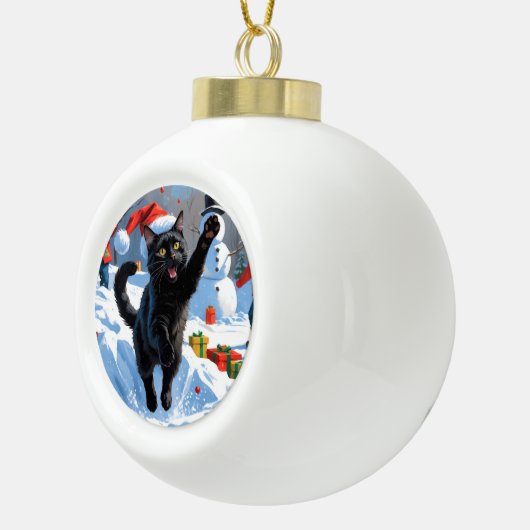 Black Cat Kerstfeest Sneeuwscène Keramische Bal Ornament (Rechts)