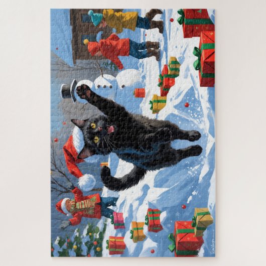 Black Cat Kerstfeest Sneeuwscène Legpuzzel (Verticaal)