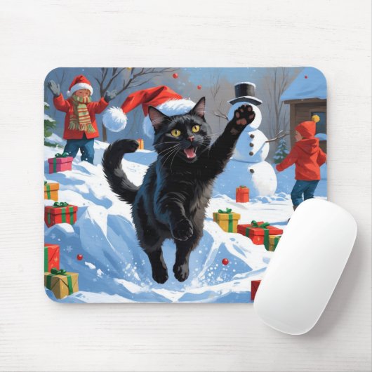 Black Cat Kerstfeest Sneeuwscène Muismat (Met muis)