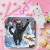 Black Cat Kerstfeest Sneeuwscène Papieren Bordje (Feest)