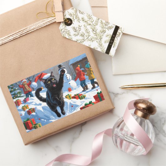 Black Cat Kerstfeest Sneeuwscène Rechthoekige Sticker (Geschenken)
