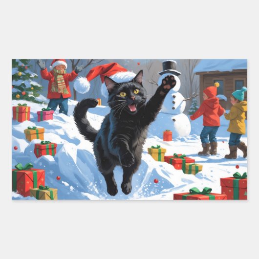 Black Cat Kerstfeest Sneeuwscène Rechthoekige Sticker (Voorkant)