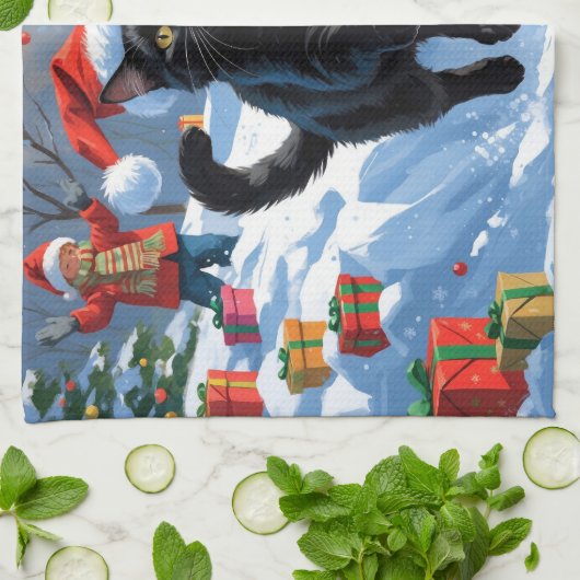 Black Cat Kerstfeest Sneeuwscène Theedoek (Gevouwen)