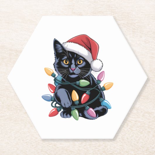 Black Cat-kerstlampjes Funny Cat Lover Kartonnen Onderzetters (Voorkant)