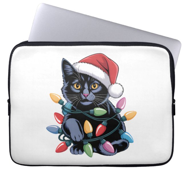Black Cat-kerstlampjes Funny Cat Lover Laptop Sleeve (Voorkant)