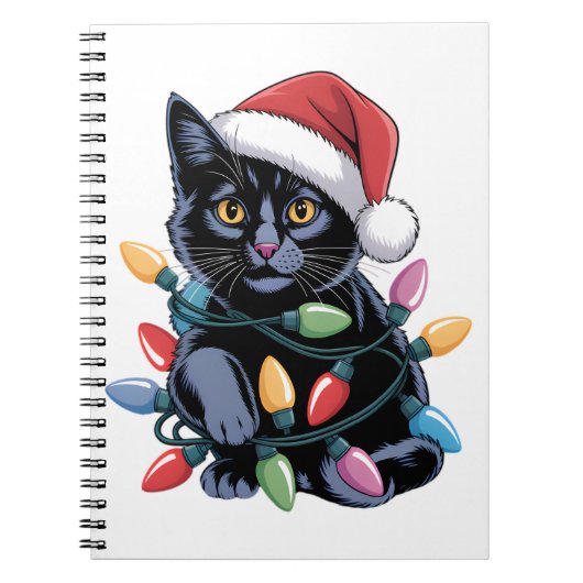 Black Cat-kerstlampjes Funny Cat Lover Notitieboek (Voorkant)