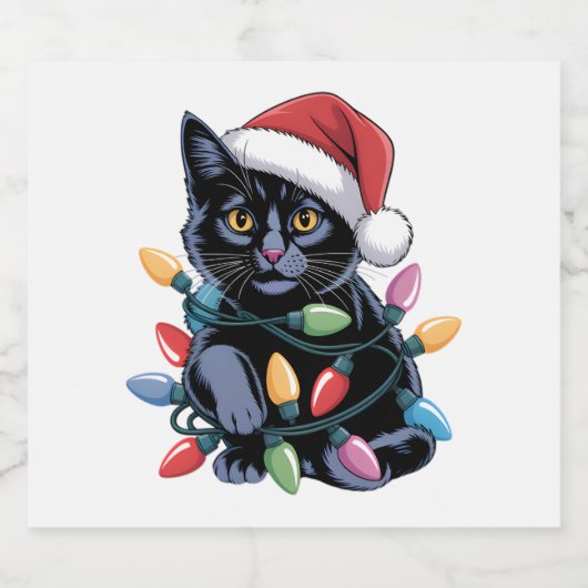 Black Cat-kerstlampjes Funny Cat Lover Sparkling Wijnetiket (Enkel label)