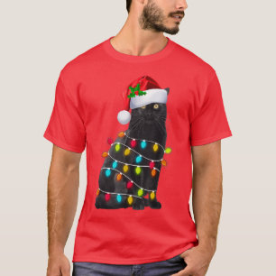 Black Cat Kerstlight Santa Hat Funny Cat Love T-shirt