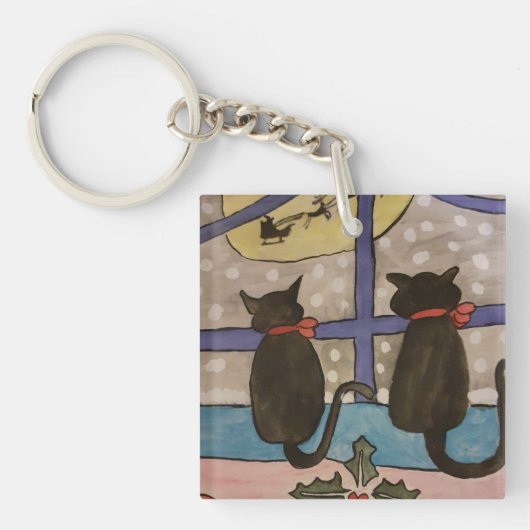 Black Cat Kerstmis Acrylic Key ring Sleutelhanger (voorkant)