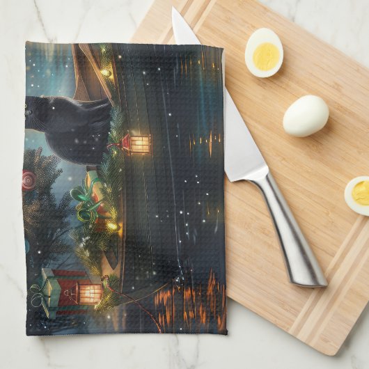 Black Cat kerstvakantie Theedoek (Quarter Fold)