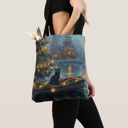 Black Cat kerstvakantie Tote Bag (Dichtbij)