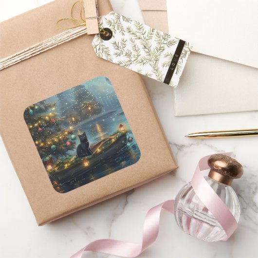 Black Cat kerstvakantie Vierkante Sticker (Geschenken)