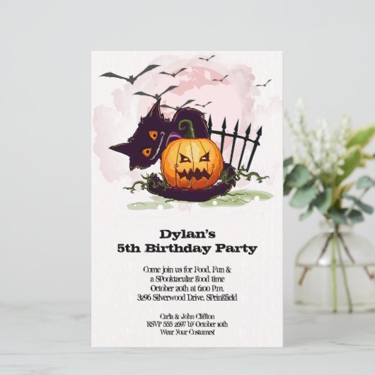 Black Cat Kinder Halloween Birthday Invites (Staand voorkant)