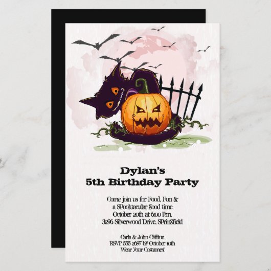 Black Cat Kinder Halloween Birthday Invites (Voorkant / Achterkant)