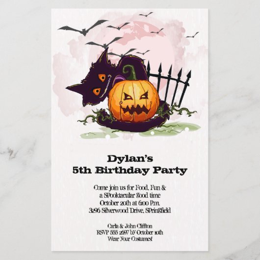 Black Cat Kinder Halloween Birthday Invites (Voorkant)