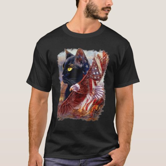 Black Cat Kitten American Flag Eagle 4 juli Inde T-shirt (Voorkant)