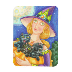 BLACK CAT KITTENS & WITCH, HALLOWEEN MAGNET MAGNEET