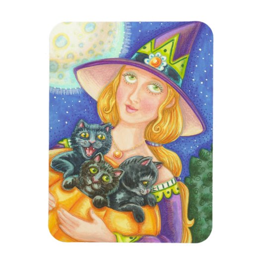 BLACK CAT KITTENS & WITCH, HALLOWEEN MAGNET MAGNEET (Verticaal)