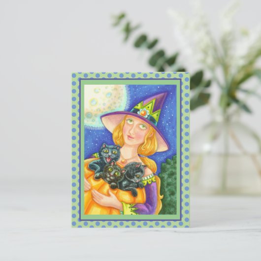 BLACK CAT KITTENS & WITCH HAPPY HALLOWEEN FEESTDAGENKAART (Staand voorkant)