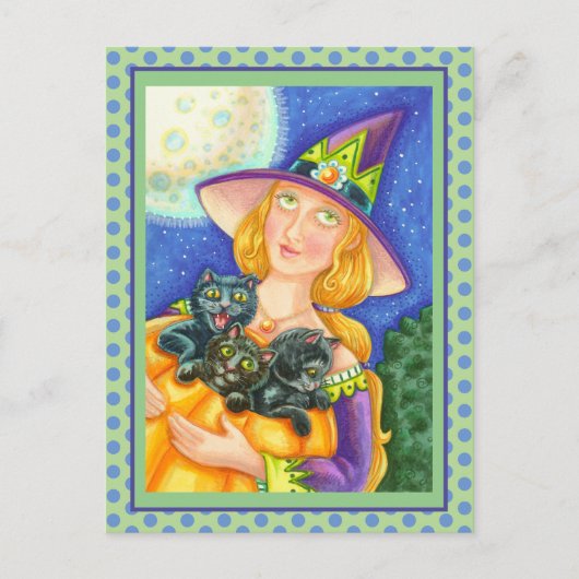 BLACK CAT KITTENS & WITCH HAPPY HALLOWEEN FEESTDAGENKAART (Voorkant)