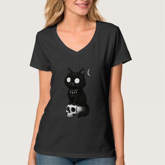 Black Cat Kitty Skull Creepy Cute Kawaii Goth Witc T-shirt (Voorkant)